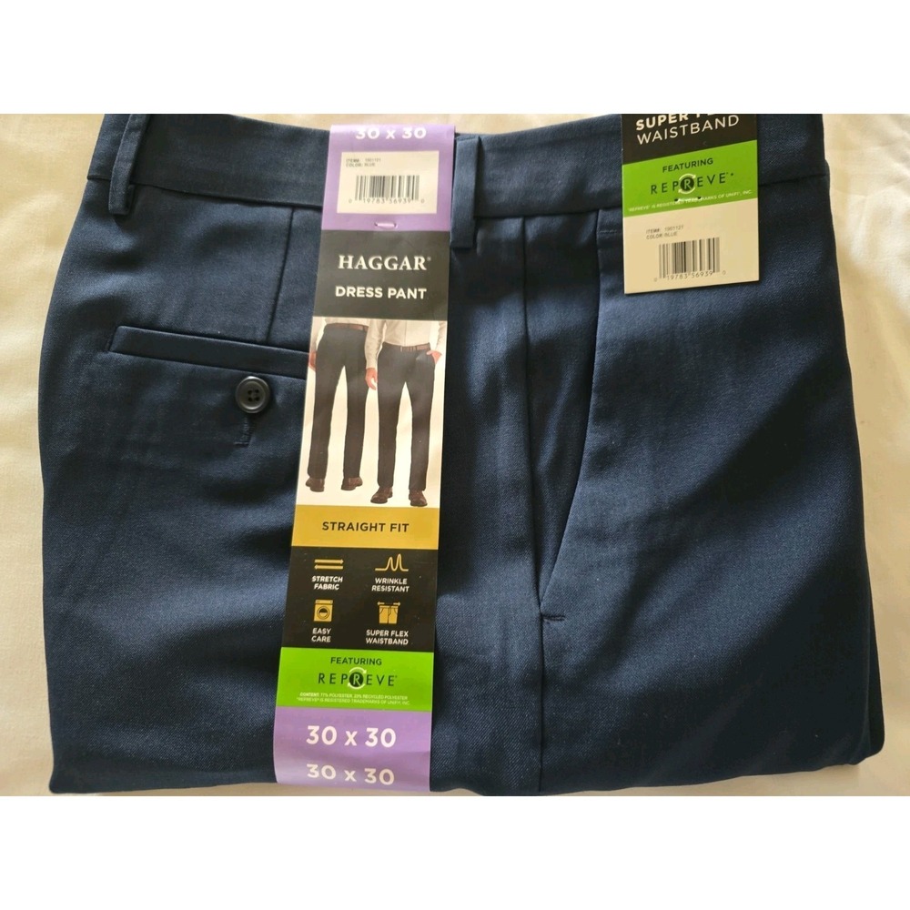 Haggar Mens Dress Pant Straight Fit Easy Care Blue 30x 30 Super Flex Waistband